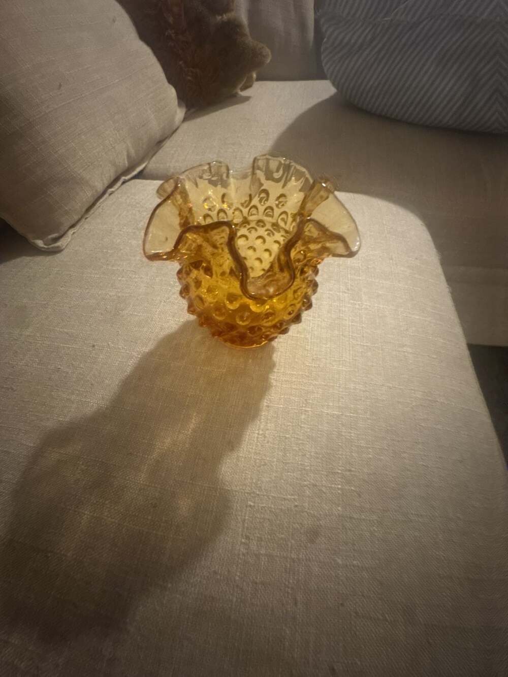 Vintage Fenton Amber Hobnail Crimped Ruffle Edge Rose Bowl Vase